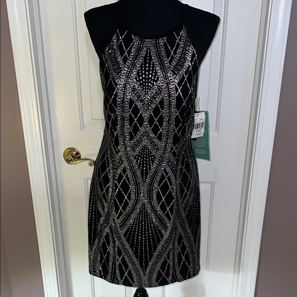 NWT - JCP Black Mini Dress with Silver Glitter Geometric Design